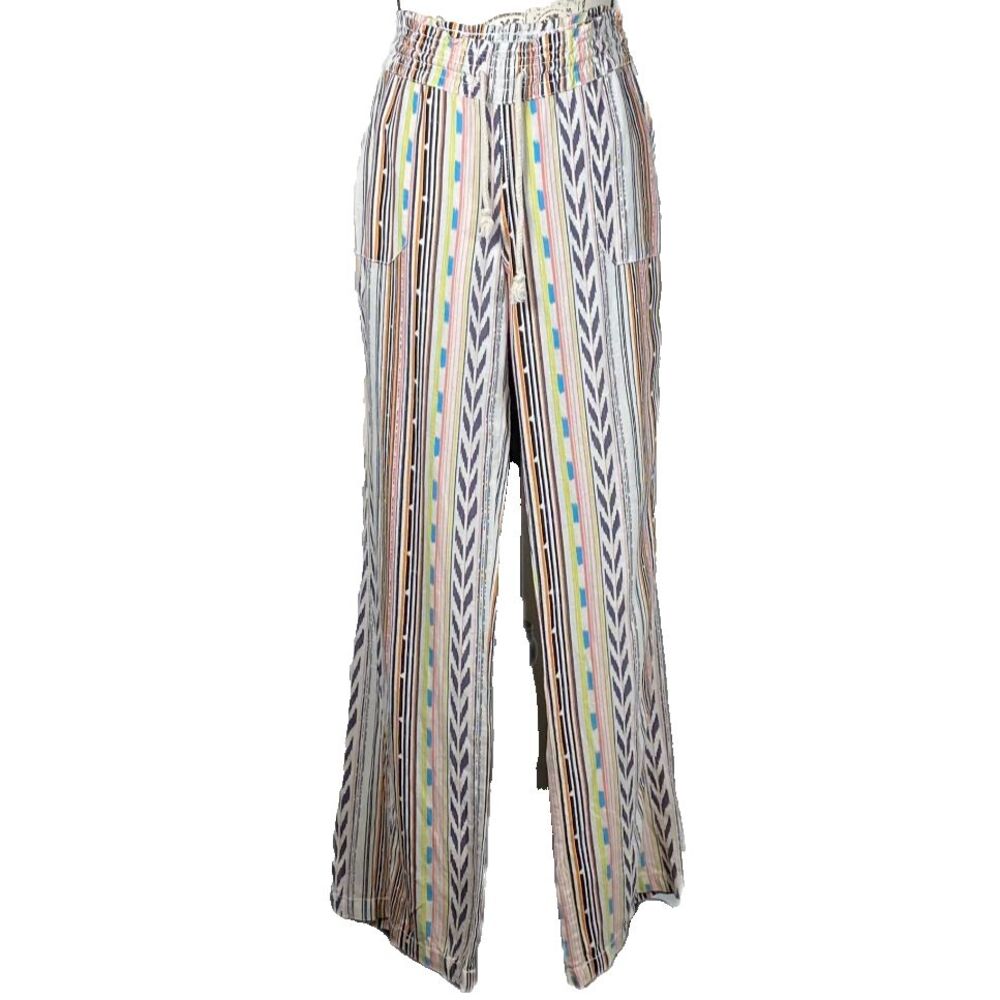 CALI 1850 Sz M Linen Beach Pants Aztec Multicolor Drawstring 4 Pockets